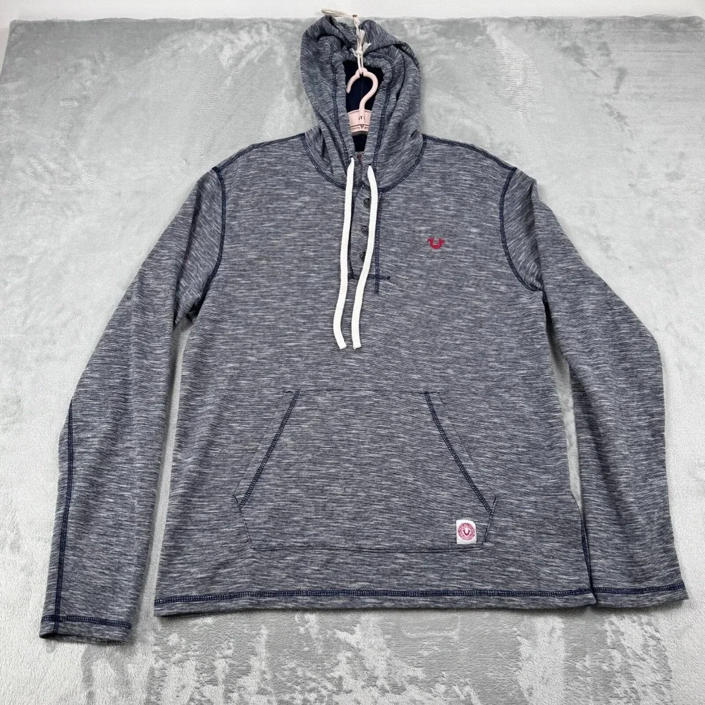 True Religion Hooded‎ Henley Sweatshirt Men's XL Blue Long Sleeve Pullover Logo